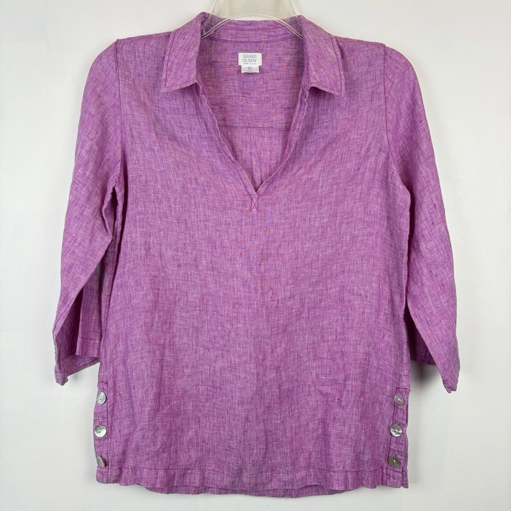 Sigrid Olsen Tunic Top Womens Small 100% Linen Pink Shirt Preppy Beach Coastal
